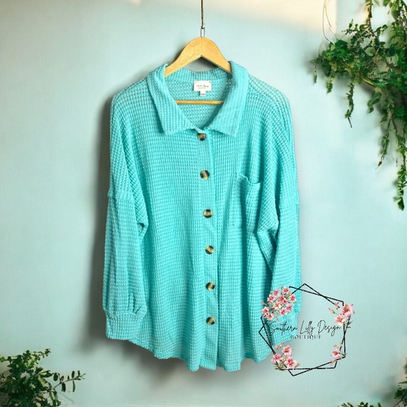 1.4.3 Story Waffle Knit Plus Button Down Blouse - Picture 1 of 5